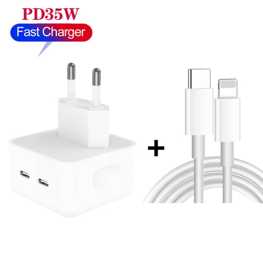 PD 35W Dual USB-C / Type-C Ports Charger with 2m Type-C to 8 Pin Data Cable, EU Plug by buy2fix
