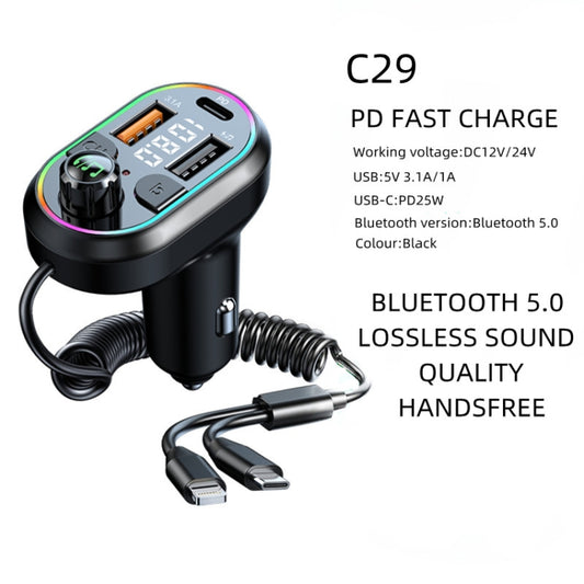 C29 Car Bluetooth 5.0 FM Transmitter Car MP3 Player Fast Charge U Disk Lossless Music Player - In Car by buy2fix | Online Shopping UK | buy2fix