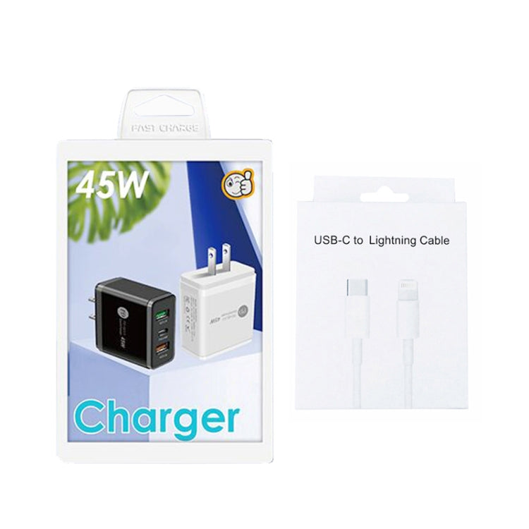 45W PD3.0 + 2 x QC3.0 USB Multi Port Charger with Type-C to 8 Pin Cable, US Plug(Black) by buy2fix
