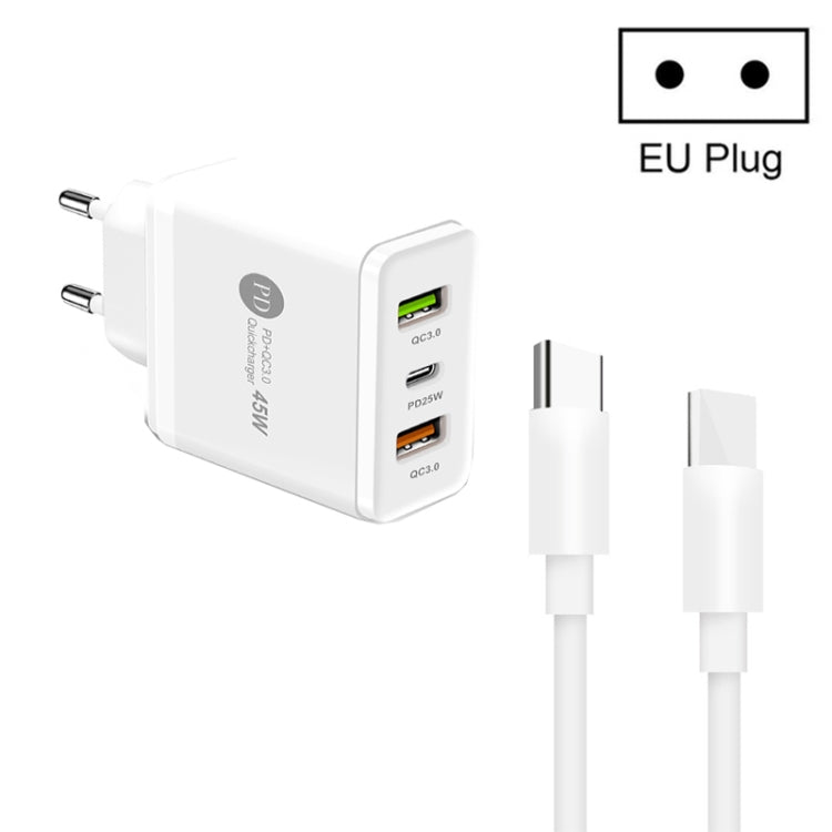 45W PD3.0 + 2 x QC3.0 USB Multi Port Charger with Type-C to Type-C Cable, EU Plug(White) - USB Charger by buy2fix | Online Shopping UK | buy2fix