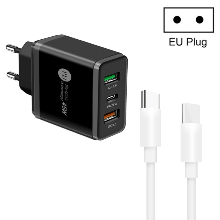 45W PD3.0 + 2 x QC3.0 USB Multi Port Charger with Type-C to Type-C Cable, EU Plug(Black) - USB Charger by buy2fix | Online Shopping UK | buy2fix