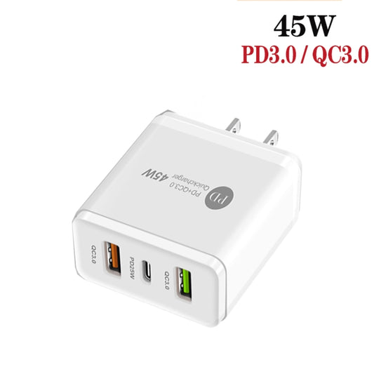 45W PD25W + 2 x QC3.0 USB Multi Port Charger with USB to 8 Pin Cable, US Plug(White) by buy2fix