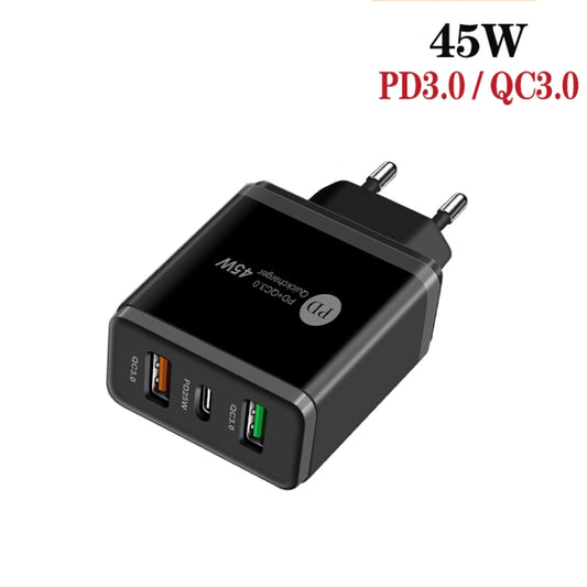 45W PD25W + 2 x QC3.0 USB Multi Port Charger with USB to 8 Pin Cable, EU Plug(Black) by buy2fix