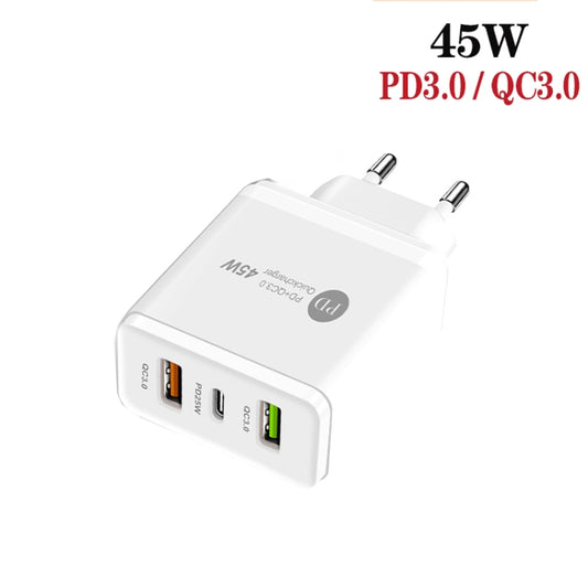 45W PD25W + 2 x QC3.0 USB Multi Port Charger with USB to 8 Pin Cable, EU Plug(White) by buy2fix
