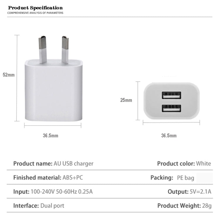 Mini Dual Port USB Charger with USB to Type-C Data Cable, AU Plug - USB Charger by buy2fix | Online Shopping UK | buy2fix