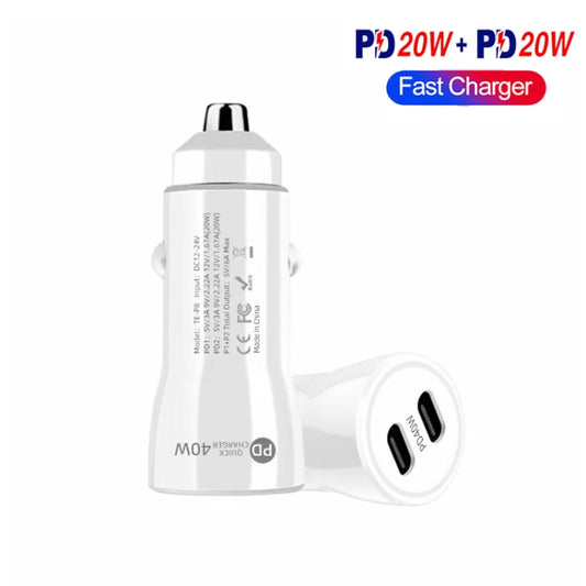TE-P8 40W PD20W + PD20W Dual Port PD3.0 Car Charger with Type-c to Type-C Data Cable, Length: 1m(White) - Car Charger by buy2fix | Online Shopping UK | buy2fix