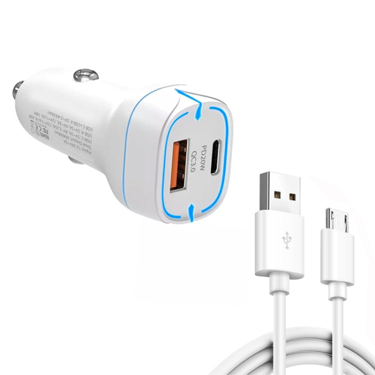 38W PD20W + QC3.0 USB Car Charger with USB to Micro USB Data Cable, Length: 1m(White) - Car Charger by buy2fix | Online Shopping UK | buy2fix