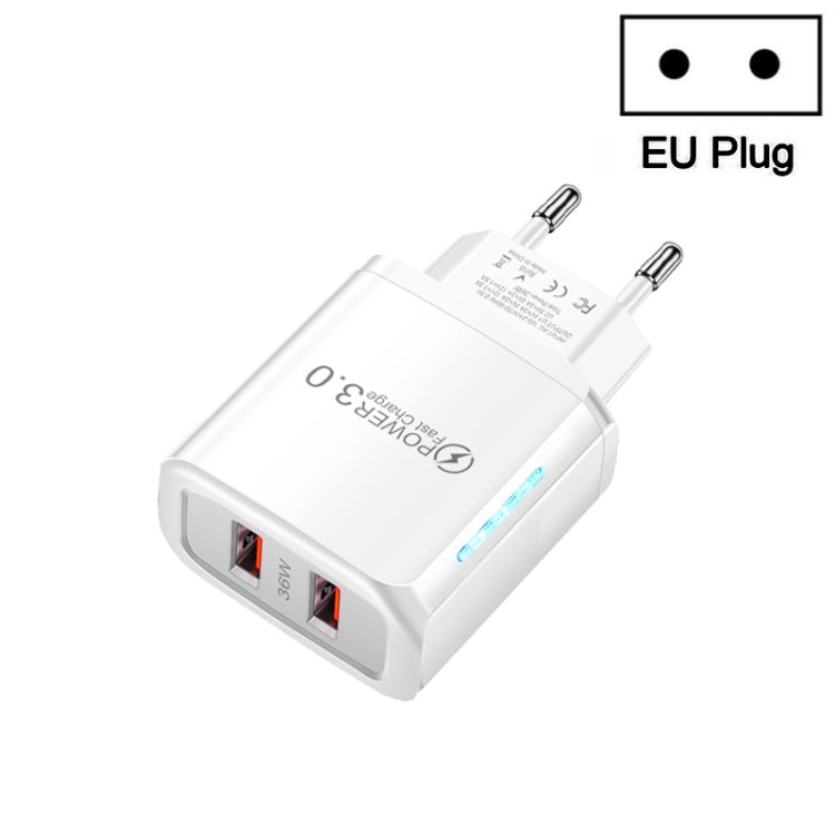 36W Dual Port QC3.0 USB Mobile Phone Charger Dual 18W Output, EU Plug(White) - USB Charger by buy2fix | Online Shopping UK | buy2fix