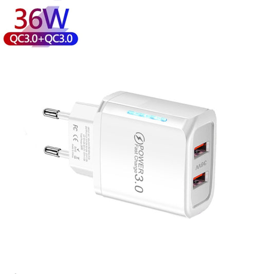 36W Dual Port QC3.0 USB Mobile Phone Charger Dual 18W Output, EU Plug(White) - USB Charger by buy2fix | Online Shopping UK | buy2fix