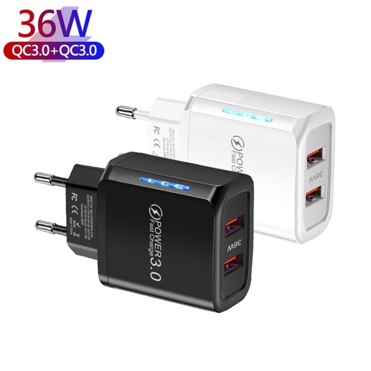 36W Dual Port QC3.0 USB Mobile Phone Charger Dual 18W Output, EU Plug(White) - USB Charger by buy2fix | Online Shopping UK | buy2fix