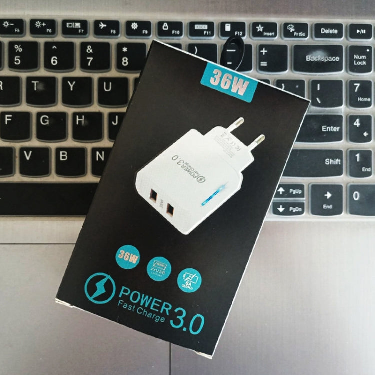 36W Dual Port QC3.0 USB Charger with 3A USB to 8 Pin Data Cable, EU Plug(White) by buy2fix