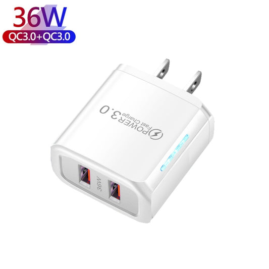 36W Dual Port QC3.0 USB Charger with 3A USB to Type-C Data Cable, US Plug(White) - USB Charger by buy2fix | Online Shopping UK | buy2fix