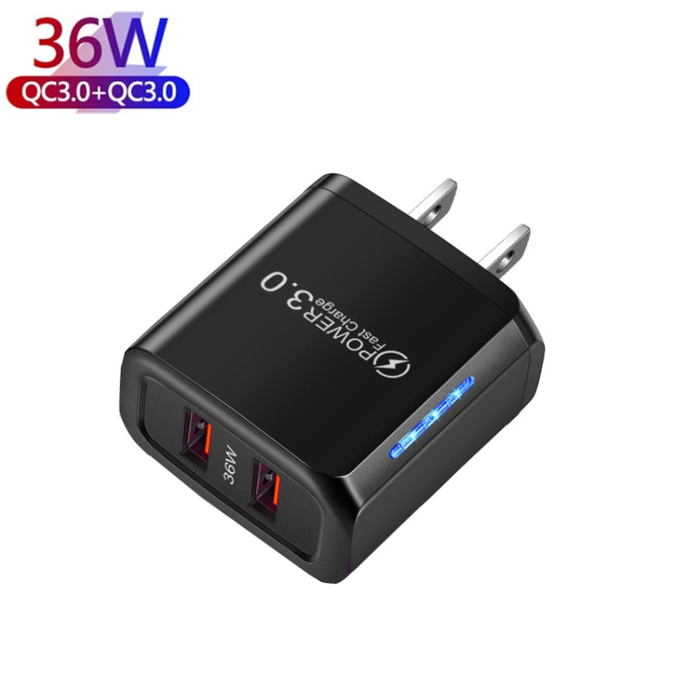 36W Dual Port QC3.0 USB Charger with 3A USB to Type-C Data Cable, US Plug(Black) - USB Charger by buy2fix | Online Shopping UK | buy2fix