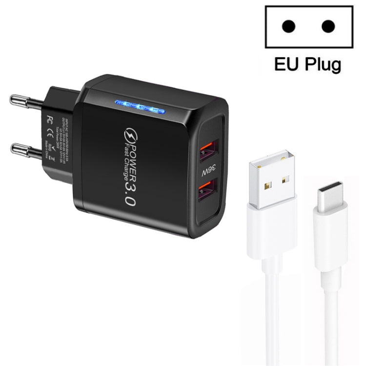 36W Dual Port QC3.0 USB Charger with 3A USB to Type-C Data Cable , EU Plug(Black) - USB Charger by buy2fix | Online Shopping UK | buy2fix