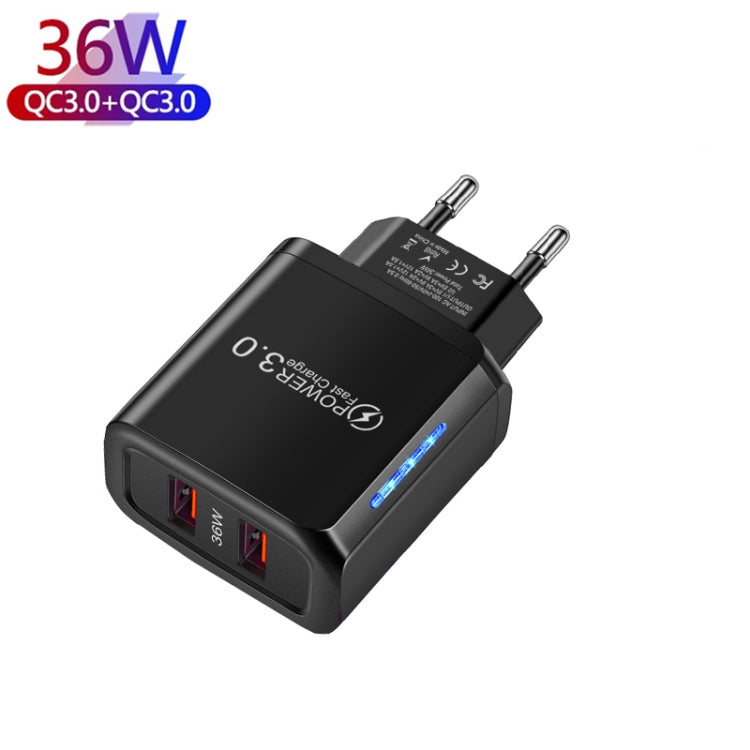 36W Dual Port QC3.0 USB Charger with 3A USB to Type-C Data Cable , EU Plug(Black) - USB Charger by buy2fix | Online Shopping UK | buy2fix