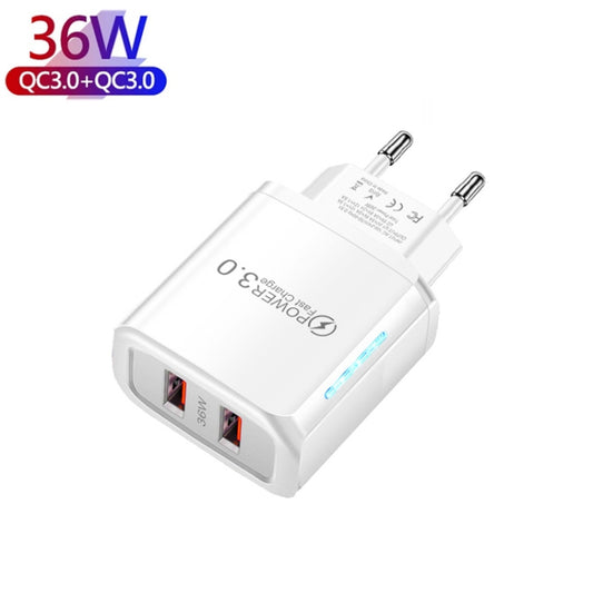 36W Dual Port QC3.0 USB Charger with 3A USB to Micro USB Data Cable, EU Plug(White) - USB Charger by buy2fix | Online Shopping UK | buy2fix