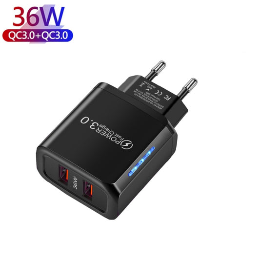 36W Dual Port QC3.0 USB Charger with 3A USB to Micro USB Data Cable, EU Plug(Black) - USB Charger by buy2fix | Online Shopping UK | buy2fix
