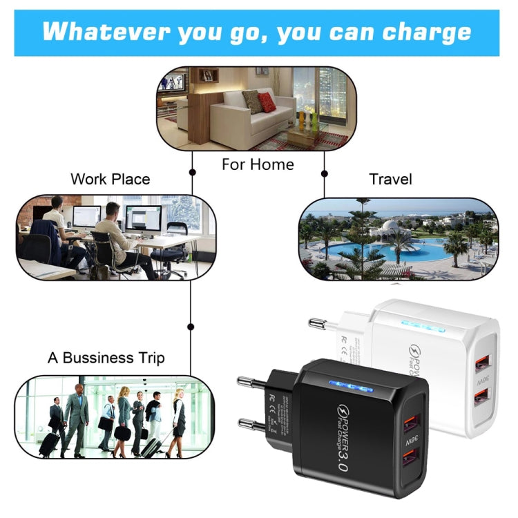 36W Dual Port QC3.0 USB Charger with 3A USB to Micro USB Data Cable, EU Plug(White) - USB Charger by buy2fix | Online Shopping UK | buy2fix