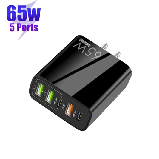 65W Dual PD Type-C + 3 x USB Multi Port Charger for Phone and Tablet PC, US Plug(Black) by buy2fix