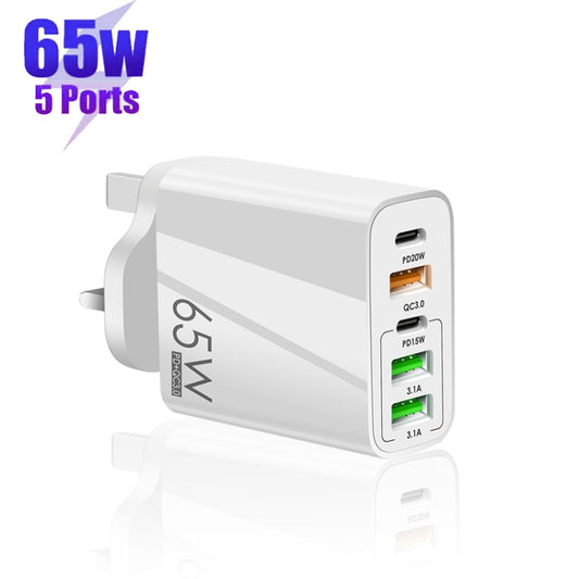 65W Dual PD Type-C + 3 x USB Multi Port Charger with 3A Type-C to Type-C Data Cable, UK Plug(White) - USB Charger by buy2fix | Online Shopping UK | buy2fix