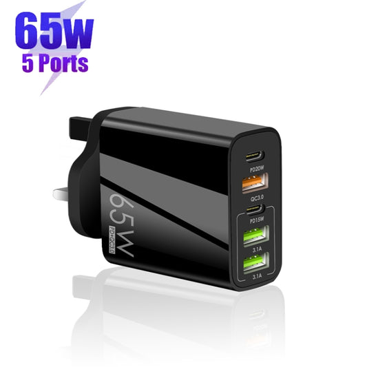 65W Dual PD Type-C + 3 x USB Multi Port Charger with 3A Type-C to Type-C Data Cable, UK Plug(Black) by buy2fix