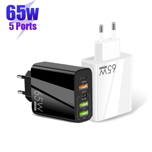 65W Dual PD Type-C + 3 x USB Multi Port Charger with 3A Type-C to 8 Pin Data Cable, EU Plug(Black) by buy2fix