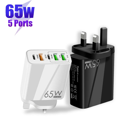 65W Dual PD Type-C + 3 x USB Multi Port Charger with 3A USB to 8 Pin Data Cable, UK Plug(Black) by buy2fix
