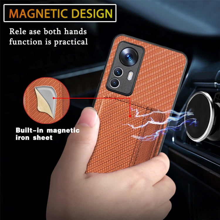 For Xiaomi 12T Carbon Fiber Magnetic Card Bag Phone Case(Khaki) by buy2fix