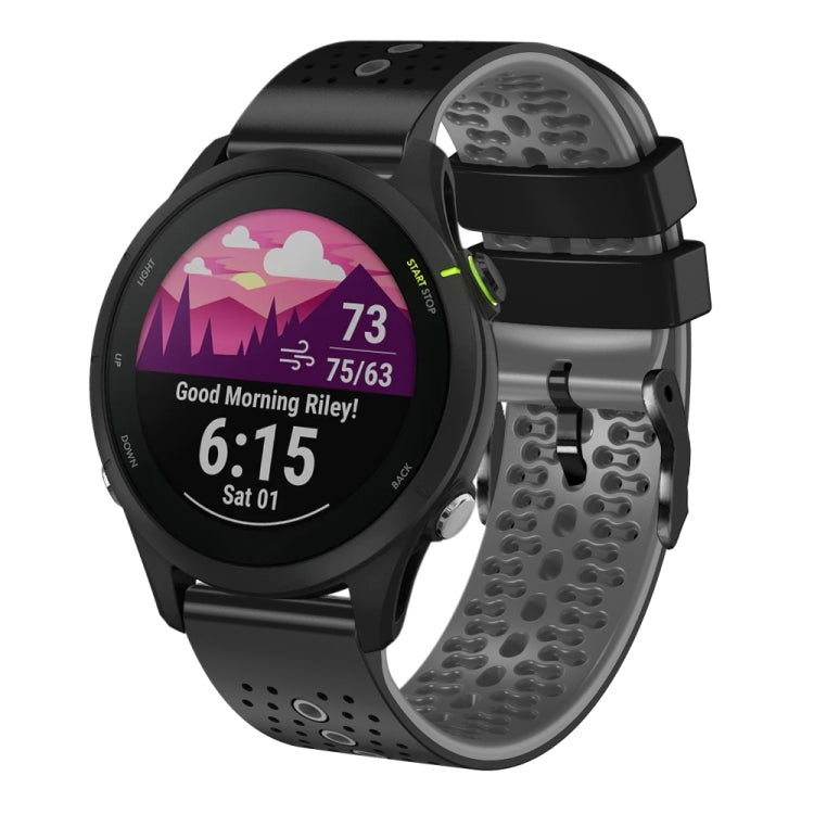 For Garmin Forerunner 255 music 22mm Perforated Two-Color Silicone Watch Band(Black+Grey) - Watch Bands by buy2fix | Online Shopping UK | buy2fix