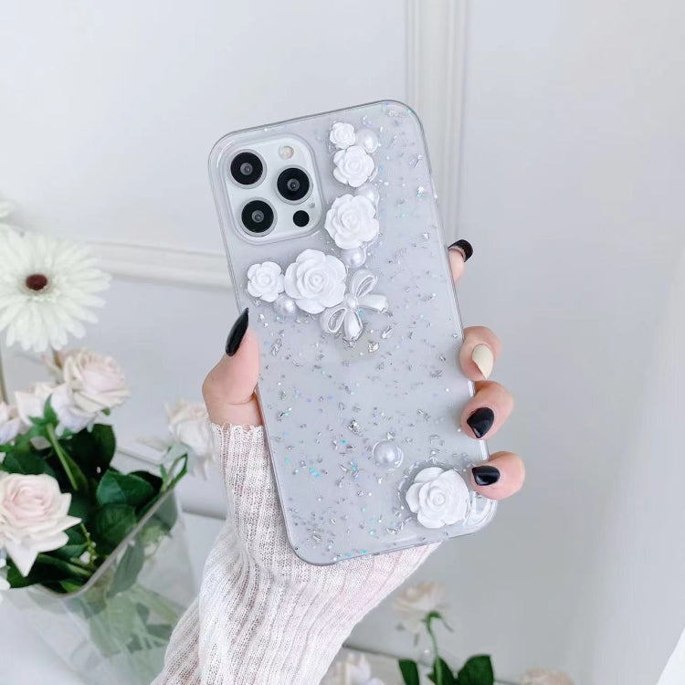 For iPhone 13 mini 3D Pearl Bow Rose Glitter Epoxy TPU Phone Case(White) - iPhone 13 mini Cases by buy2fix | Online Shopping UK | buy2fix