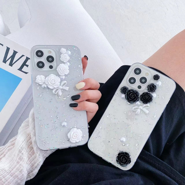 For iPhone 13 mini 3D Pearl Bow Rose Glitter Epoxy TPU Phone Case(White) - iPhone 13 mini Cases by buy2fix | Online Shopping UK | buy2fix