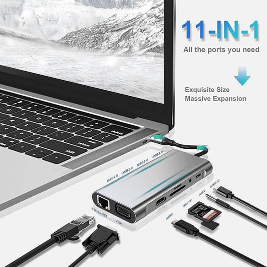 USB C HUB, USB C Adapter 11 in 1 Dongle with 4K HDMI, VGA, Type C PD, USB3.0, RJ45 Ethernet, SD/TF Card Reader, 3.5mm AUX, Docking Station Compatible with MacBook Pro/Air, Other Type C Laptops Devices - Adapter by buy2fix | Online Shopping UK | buy2fix