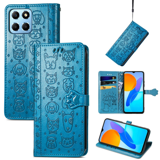 For Honor X8 5G Cute Cat and Dog Embossed Leather Phone Case(Blue) - Honor Cases by buy2fix | Online Shopping UK | buy2fix