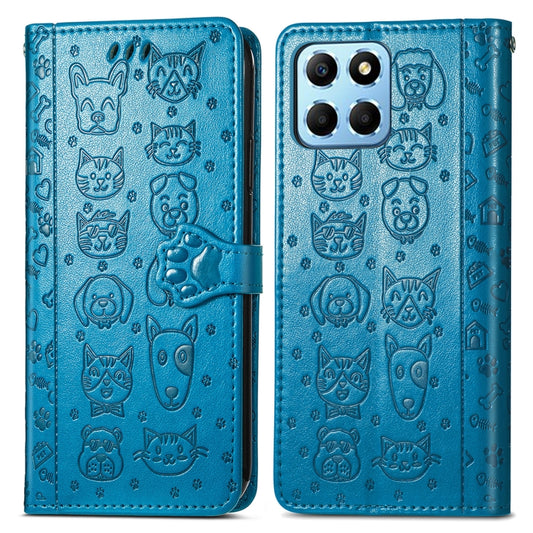 For Honor X8 5G Cute Cat and Dog Embossed Leather Phone Case(Blue) - Honor Cases by buy2fix | Online Shopping UK | buy2fix