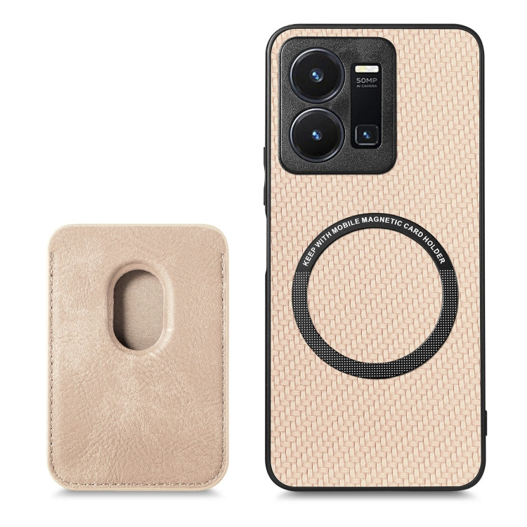 For vivo Y35 Carbon Fiber Leather Card Magsafe Case(Khaki) - vivo Cases by buy2fix | Online Shopping UK | buy2fix