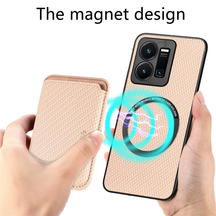 For vivo Y35 Carbon Fiber Leather Card Magsafe Case(Khaki) - vivo Cases by buy2fix | Online Shopping UK | buy2fix