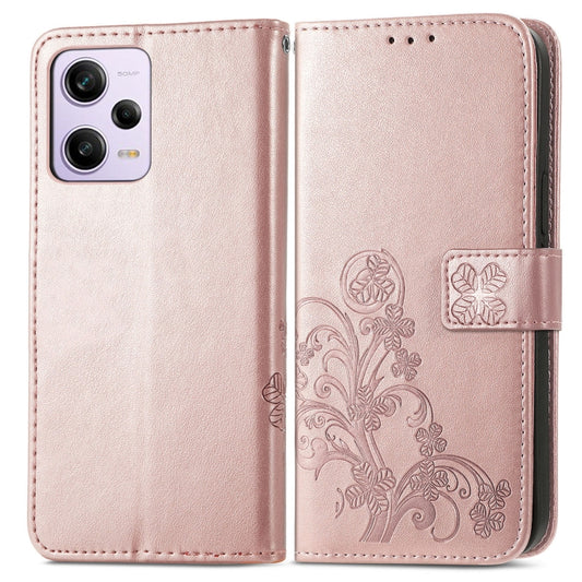 For Xiaomi Redmi Note 12 5G Global Four-leaf Clasp Embossed Buckle Leather Phone Case(Rose Gold) by buy2fix