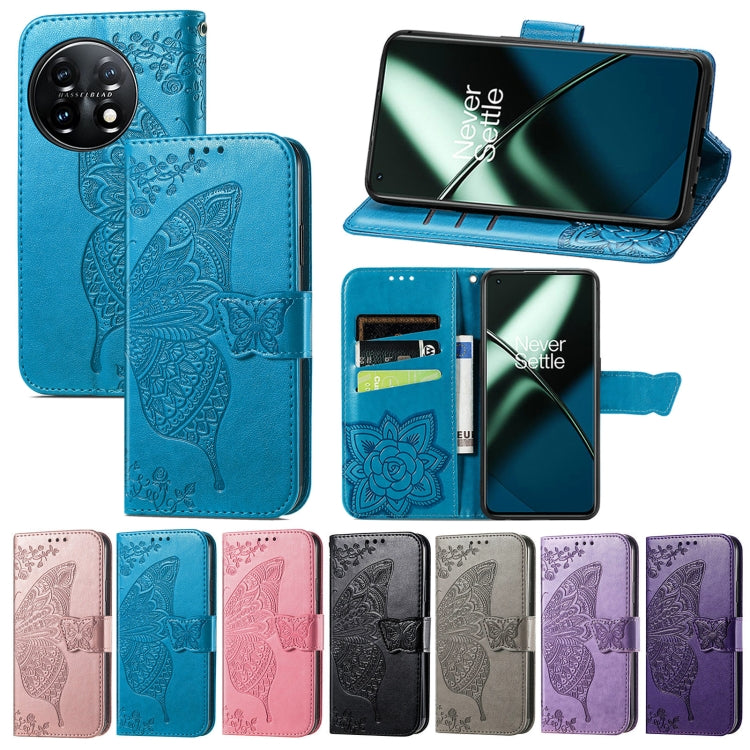 For OnePlus 11 Butterfly Love Flower Embossed Flip Leather Phone Case(Blue) by buy2fix