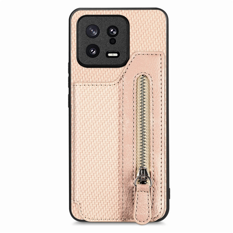 For Xiaomi 13 Carbon Fiber Flip Zipper Wallet Phone Case(Khaki) - Xiaomi Cases by buy2fix | Online Shopping UK | buy2fix