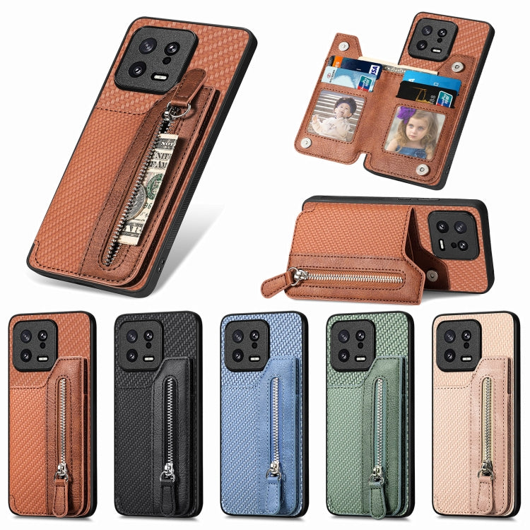 For Xiaomi 13 Carbon Fiber Flip Zipper Wallet Phone Case(Khaki) - Xiaomi Cases by buy2fix | Online Shopping UK | buy2fix