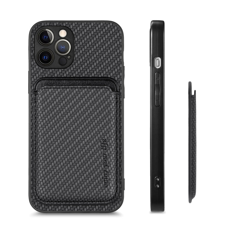 For iPhone 12 Pro Carbon Fiber Leather Card Magsafe Magnetic Phone Case(Black) - iPhone 12 / 12 Pro Cases by buy2fix | Online Shopping UK | buy2fix