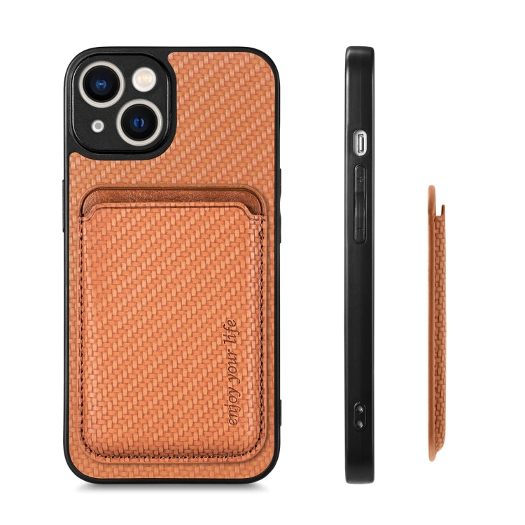 For iPhone 14 Carbon Fiber Leather Card Magsafe Magnetic Phone Case(Brown) - iPhone 14 Cases by buy2fix | Online Shopping UK | buy2fix