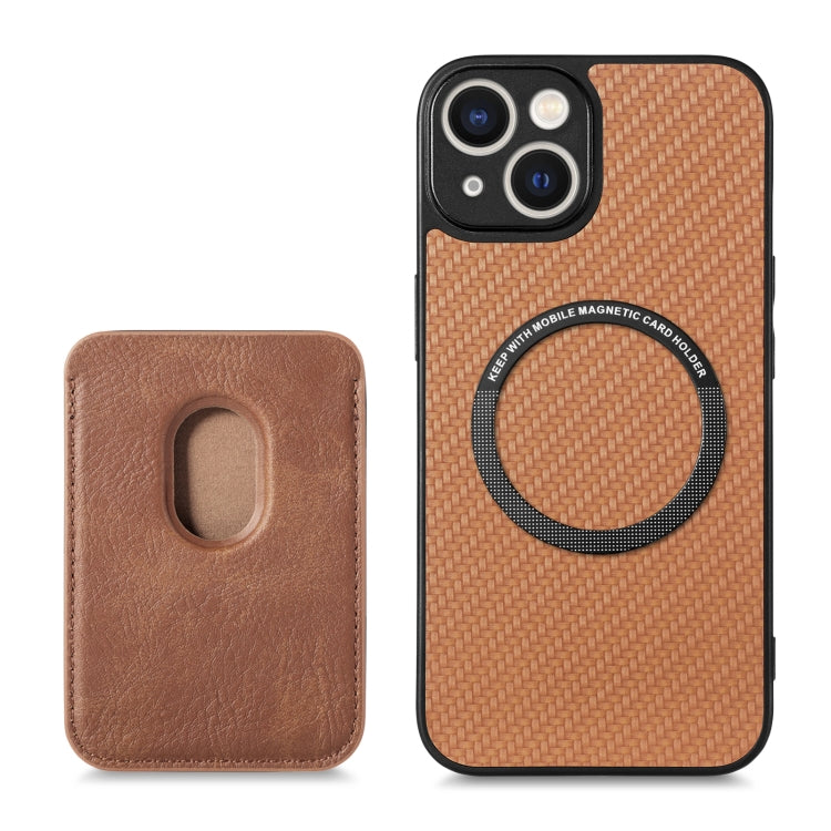 For iPhone 14 Carbon Fiber Leather Card Magsafe Magnetic Phone Case(Brown) - iPhone 14 Cases by buy2fix | Online Shopping UK | buy2fix