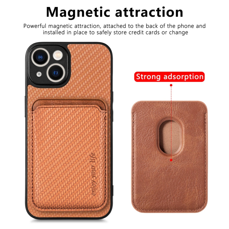 For iPhone 14 Carbon Fiber Leather Card Magsafe Magnetic Phone Case(Brown) - iPhone 14 Cases by buy2fix | Online Shopping UK | buy2fix