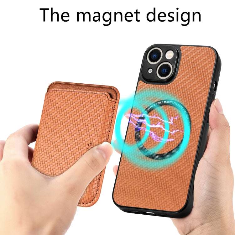 For iPhone 14 Carbon Fiber Leather Card Magsafe Magnetic Phone Case(Brown) - iPhone 14 Cases by buy2fix | Online Shopping UK | buy2fix