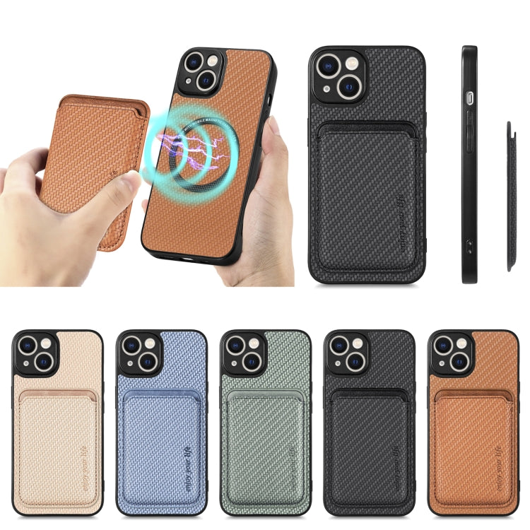 For iPhone 14 Carbon Fiber Leather Card Magsafe Magnetic Phone Case(Brown) - iPhone 14 Cases by buy2fix | Online Shopping UK | buy2fix