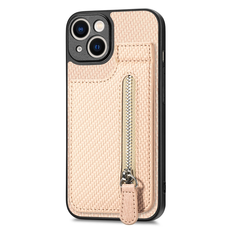 For iPhone 13 mini Carbon Fiber Vertical Flip Zipper Phone Case(Khaki) - iPhone 13 mini Cases by buy2fix | Online Shopping UK | buy2fix