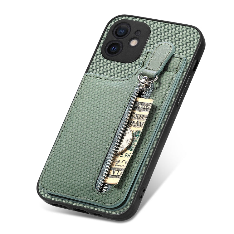 For iPhone 12 Carbon Fiber Vertical Flip Zipper Phone Case(Green) - iPhone 12 / 12 Pro Cases by buy2fix | Online Shopping UK | buy2fix