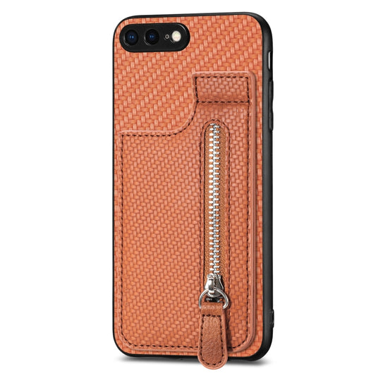 For iPhone SE 2022 / 2020 / 7 / 8 Carbon Fiber Vertical Flip Zipper Phone Case(Brown) by buy2fix