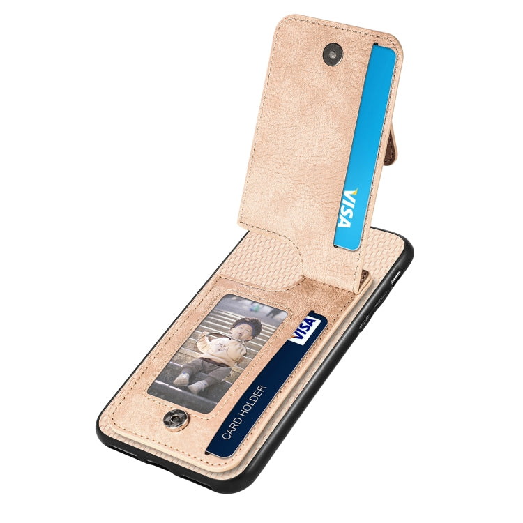 For iPhone SE 2022 / 2020 / 7 / 8 Carbon Fiber Vertical Flip Zipper Phone Case(Khaki) - More iPhone Cases by buy2fix | Online Shopping UK | buy2fix